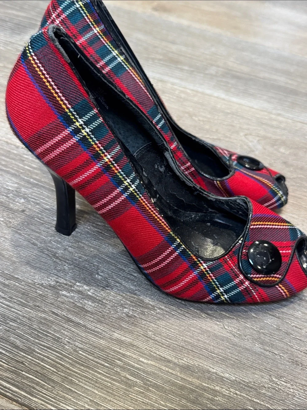 Chinese Laundry Red Plaid Peep-Toe Pumps with Button Accent